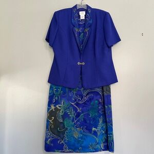 Koret 10P Blue Dress Suit Set grandmacore bold jewel tone floral MOTB Church